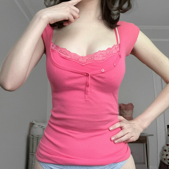 Pink Lace Trim Ribbed Button Tank Top - Vedlit