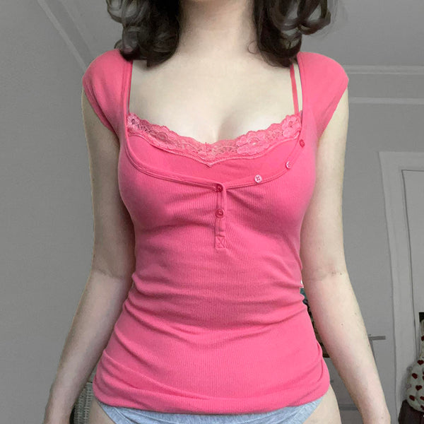 Pink Lace Trim Ribbed Button Tank Top - Vedlit