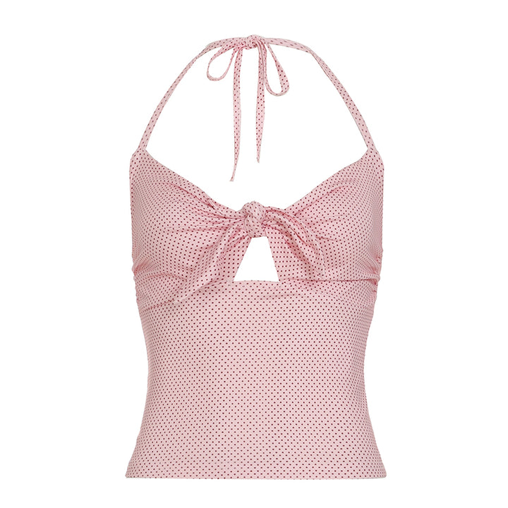 Pink Polka Dot Halter Tie Crop Top - Vedlit