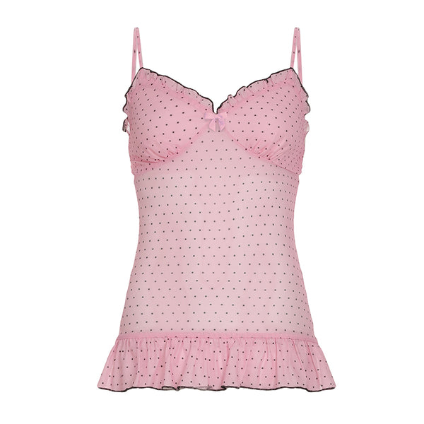 Pink Polka Dot Ruffle Peplum Cami Top - Vedlit