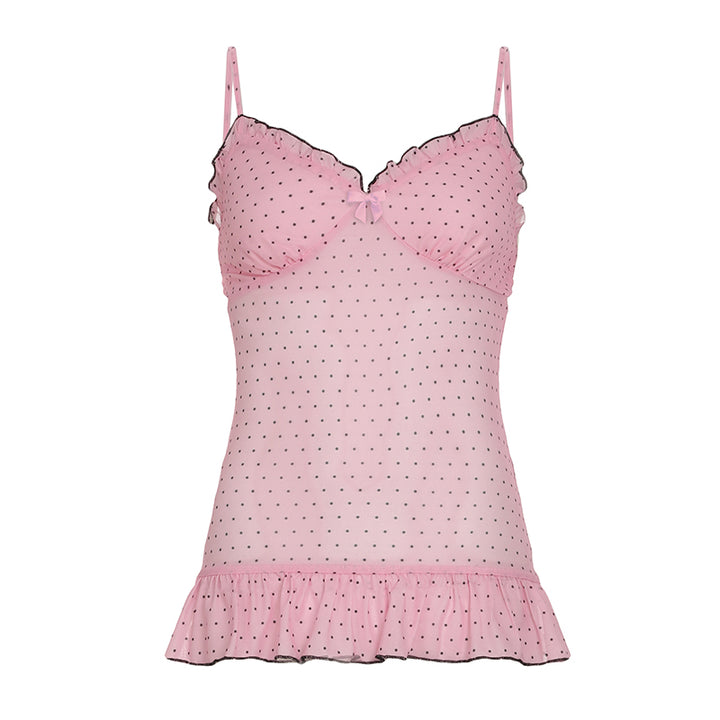 Pink Polka Dot Ruffle Peplum Cami Top - Vedlit