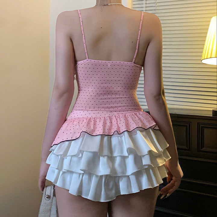 Pink Polka Dot Ruffle Peplum Cami Top - Vedlit