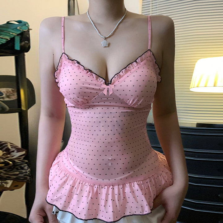 Pink Polka Dot Ruffle Peplum Cami Top - Vedlit