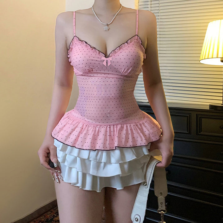 Pink Polka Dot Ruffle Peplum Cami Top - Vedlit