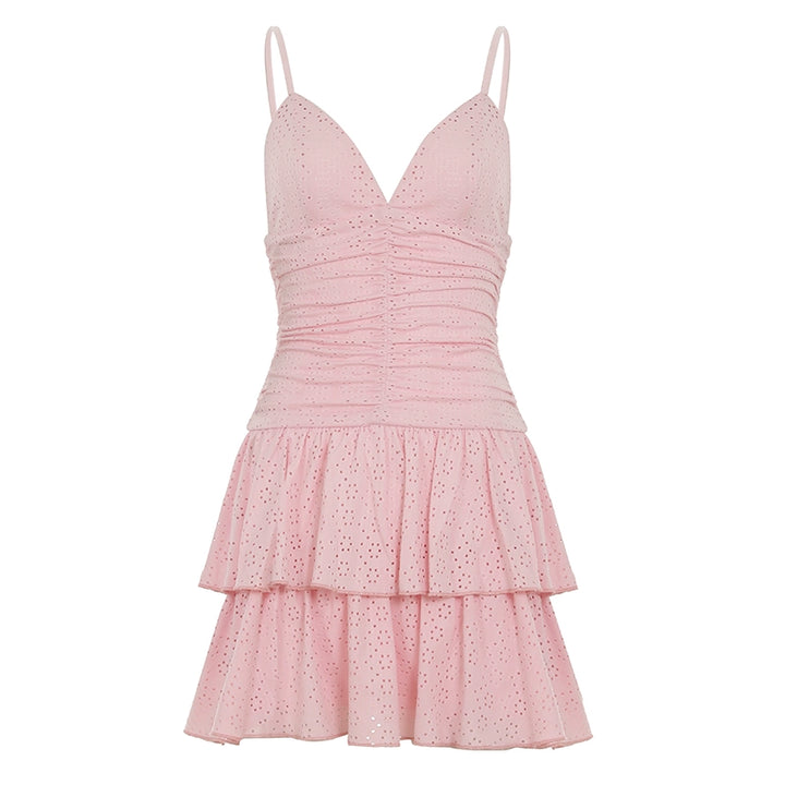 Pink Ruched Tiered Eyelet Mini Dress with Spaghetti Straps - Vedlit