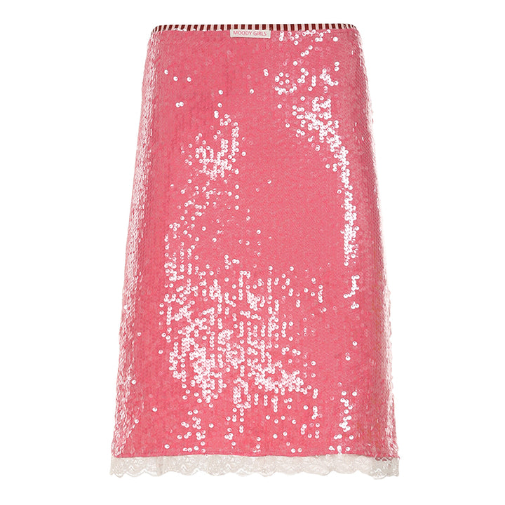 Pink Sequin A-Line Mini Skirt with Lace Trim - Vedlit