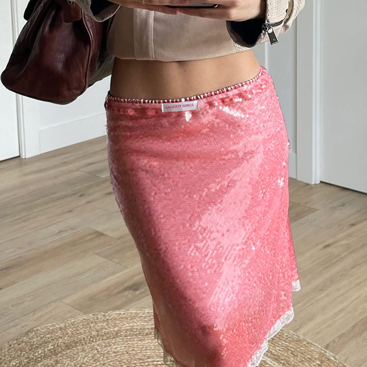 Pink Sequin A-Line Mini Skirt with Lace Trim - Vedlit