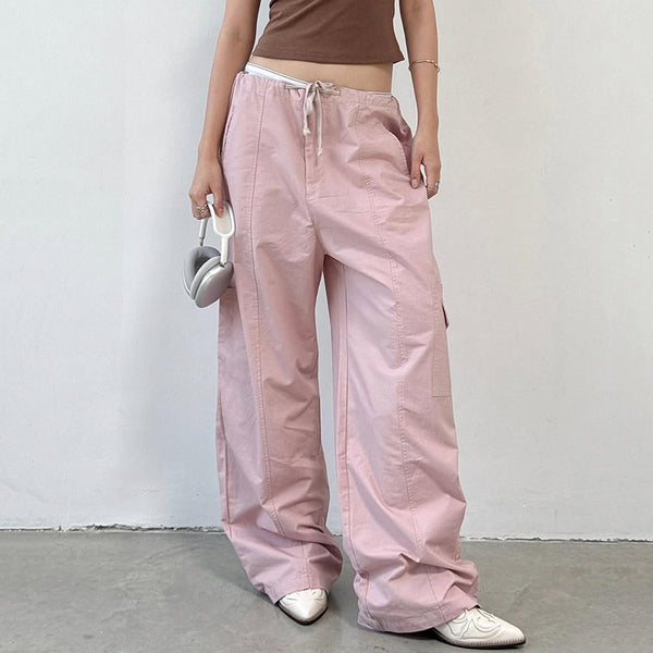 Pink Wide Leg Cargo Pants with Drawstring Waist - Vedlit