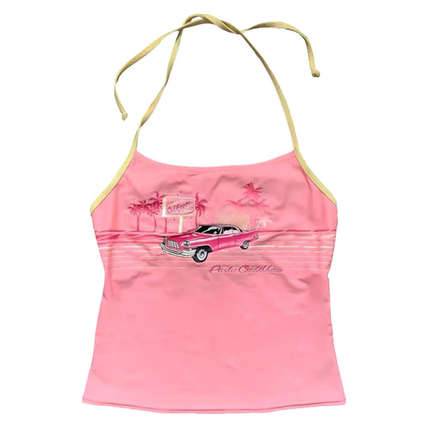 Vintage Pink Car Y2K Halter Top - Vedlit