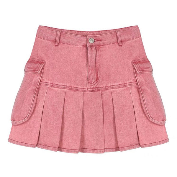 Pink Denim Cargo Mini Skirt - Vedlit