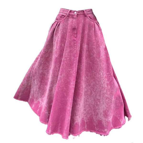 Pink Distressed Denim Maxi Skirt - Vedlit