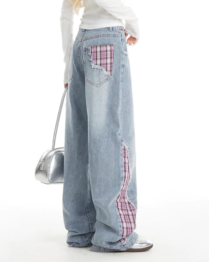 Teen Spirit Plaid Patchwork Jeans - Vedlit