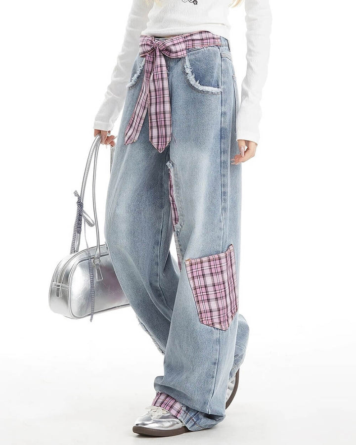 Teen Spirit Plaid Patchwork Jeans - Vedlit