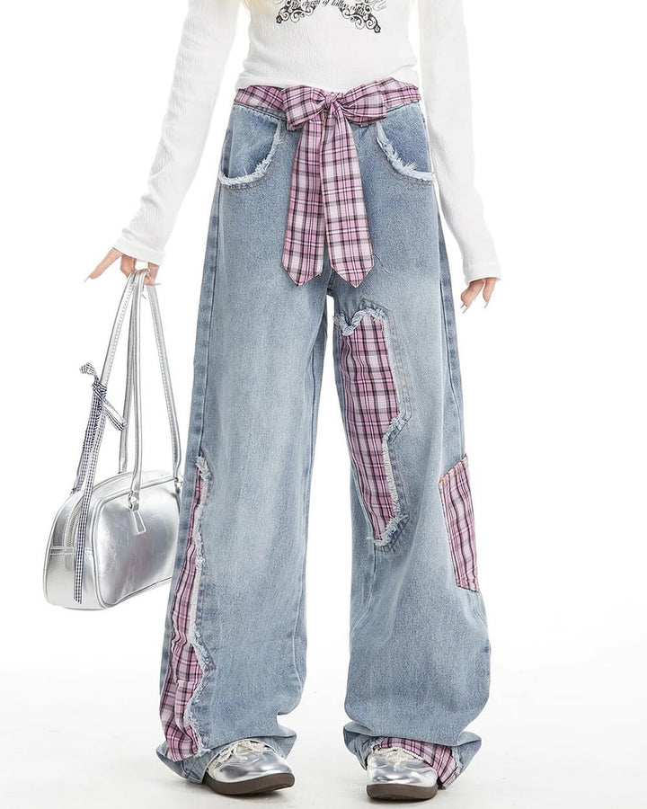 Teen Spirit Plaid Patchwork Jeans - Vedlit