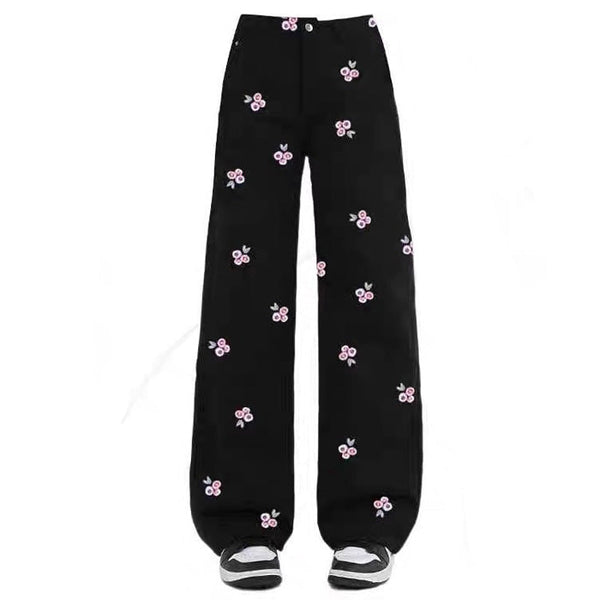 Pink Rose Embroidery Wide Leg Pants - Vedlit