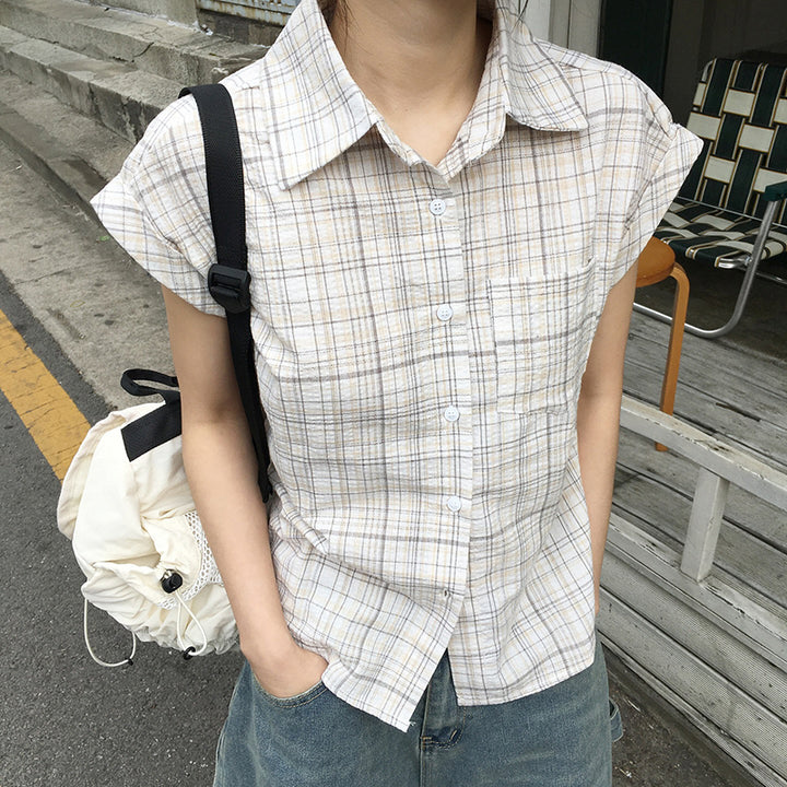 Plaid Cap Sleeve Button-Down Shirt for Women - Vedlit