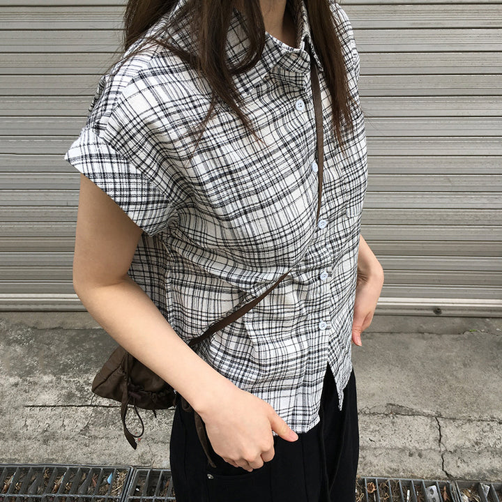 Plaid Cap Sleeve Button-Down Shirt for Women - Vedlit