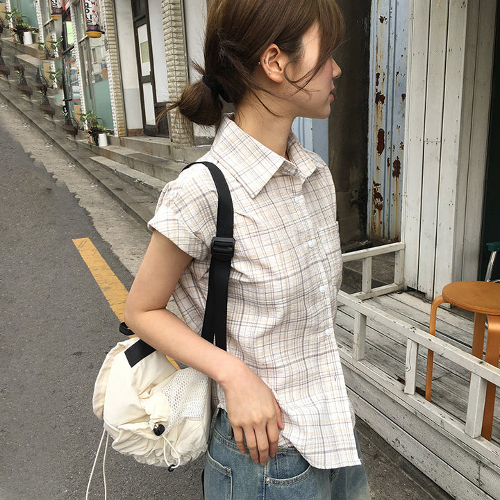 Plaid Cap Sleeve Button-Down Shirt for Women - Vedlit
