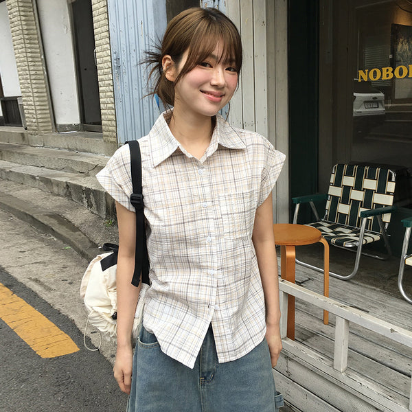 Plaid Cap Sleeve Button-Down Shirt for Women - Vedlit
