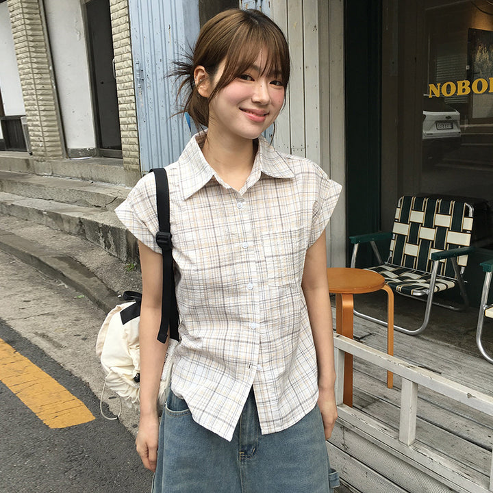 Plaid Cap Sleeve Button-Down Shirt for Women - Vedlit