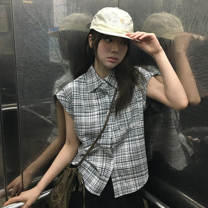 Plaid Cap Sleeve Button-Down Shirt for Women - Vedlit