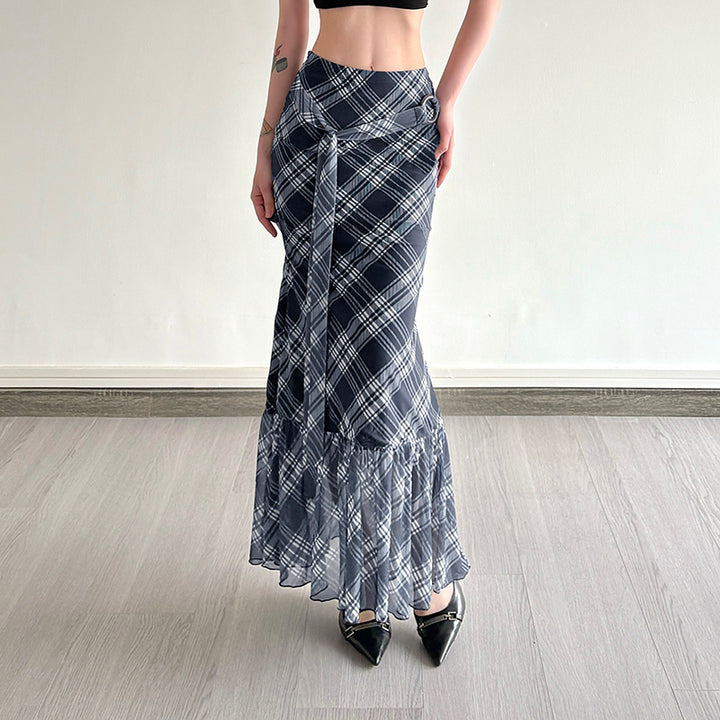 Plaid Chiffon Mermaid Maxi Skirt with Belted Waist - Vedlit