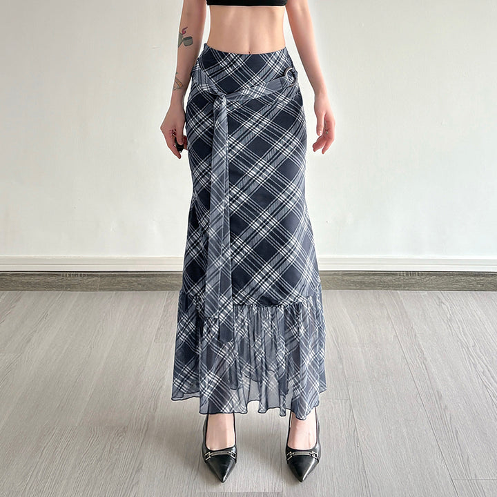 Plaid Chiffon Mermaid Maxi Skirt with Belted Waist - Vedlit