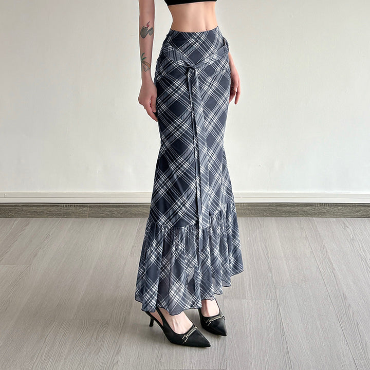 Plaid Chiffon Mermaid Maxi Skirt with Belted Waist - Vedlit