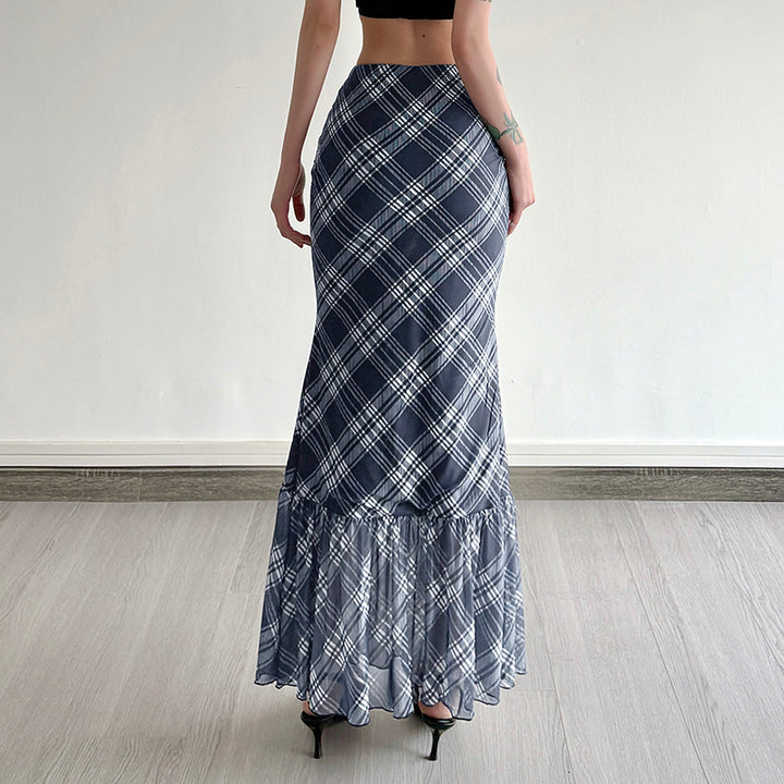 Plaid Chiffon Mermaid Maxi Skirt with Belted Waist - Vedlit