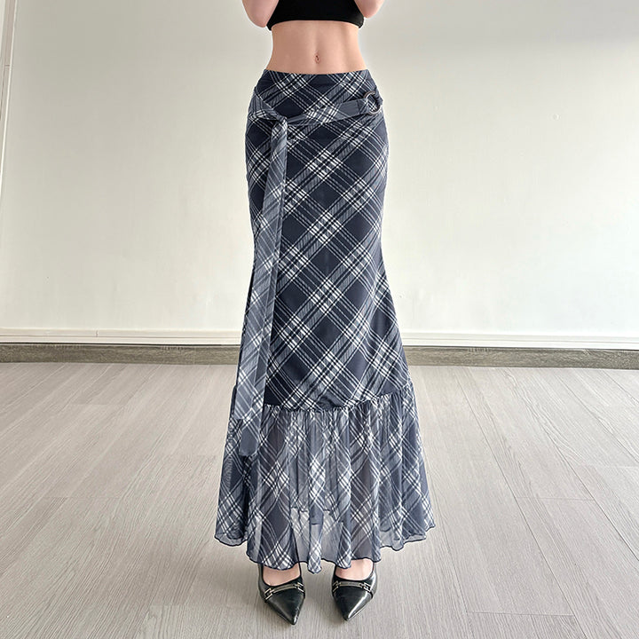 Plaid Chiffon Mermaid Maxi Skirt with Belted Waist - Vedlit