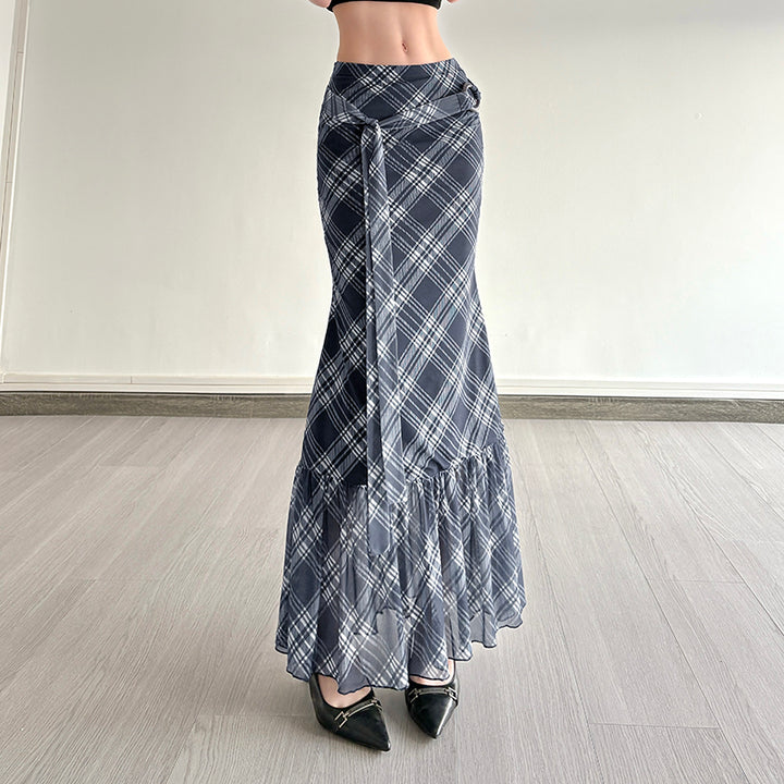 Plaid Chiffon Mermaid Maxi Skirt with Belted Waist - Vedlit