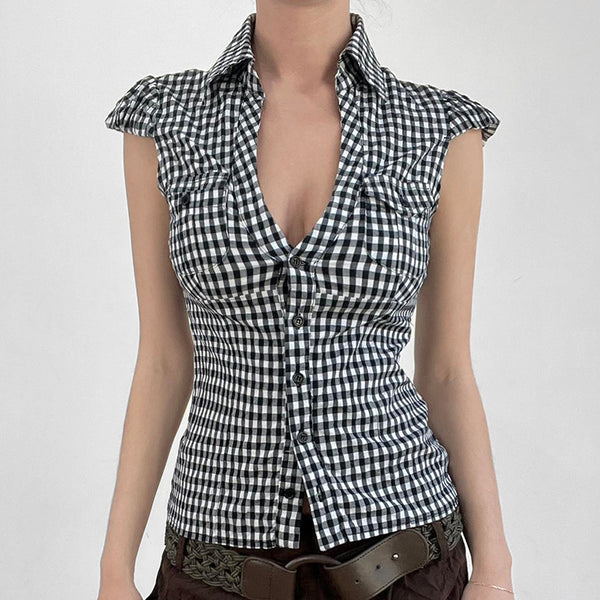 Plaid Deep V Button Shirt with Cap Sleeves - Vedlit