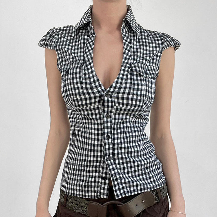 Plaid Deep V Button Shirt with Cap Sleeves - Vedlit