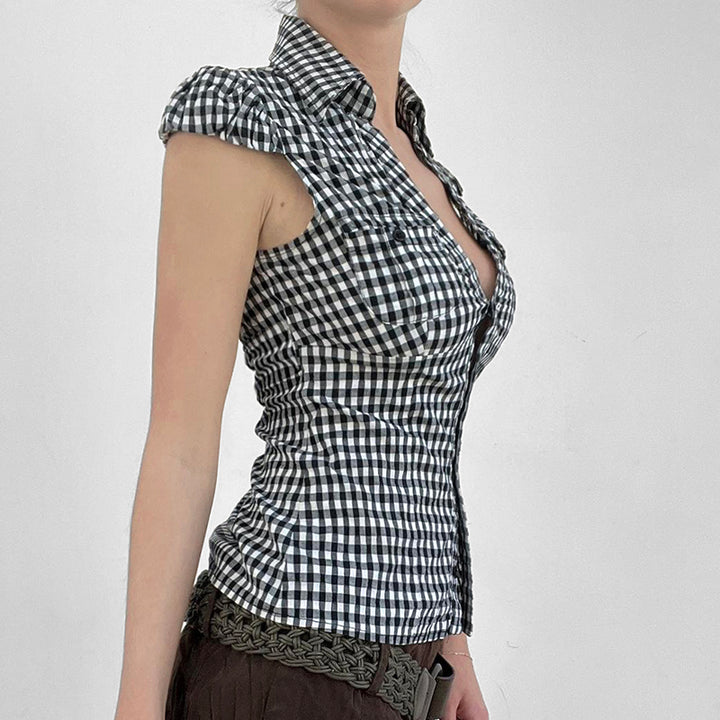 Plaid Deep V Button Shirt with Cap Sleeves - Vedlit