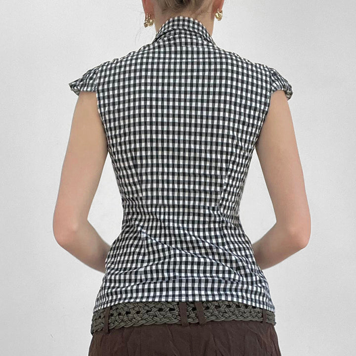 Plaid Deep V Button Shirt with Cap Sleeves - Vedlit