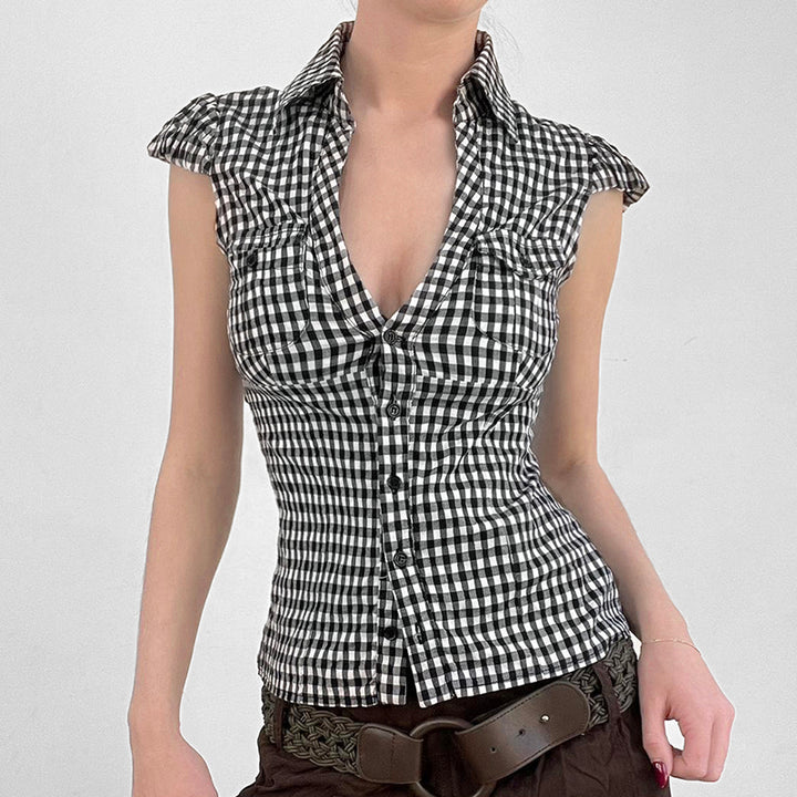 Plaid Deep V Button Shirt with Cap Sleeves - Vedlit