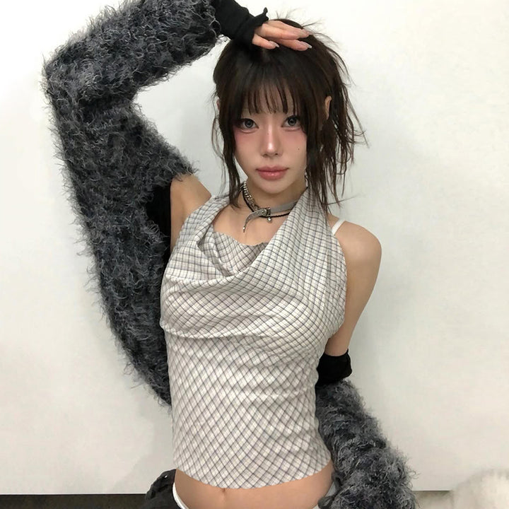 Plaid Halter Neck Drape Crop Top - Y2K Backless Summer Fit - Vedlit