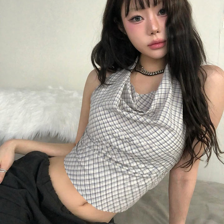 Plaid Halter Neck Drape Crop Top - Y2K Backless Summer Fit - Vedlit