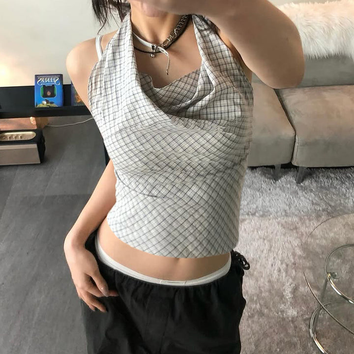 Plaid Halter Neck Drape Crop Top - Y2K Backless Summer Fit - Vedlit