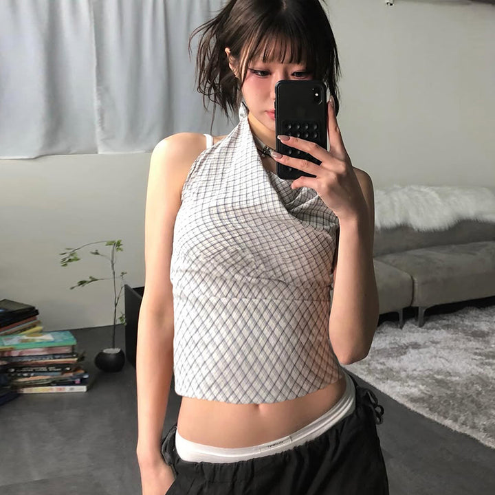 Plaid Halter Neck Drape Crop Top - Y2K Backless Summer Fit - Vedlit