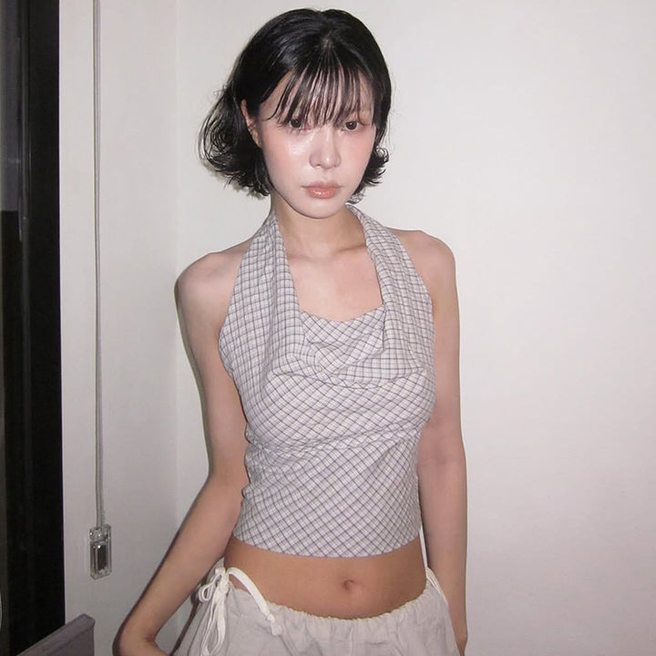 Plaid Halter Neck Drape Crop Top - Y2K Backless Summer Fit - Vedlit