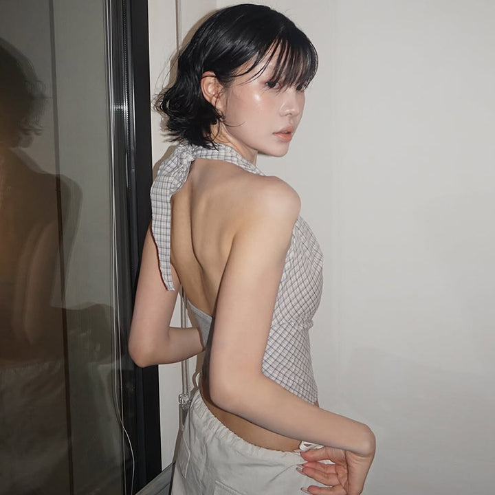 Plaid Halter Neck Drape Crop Top - Y2K Backless Summer Fit - Vedlit