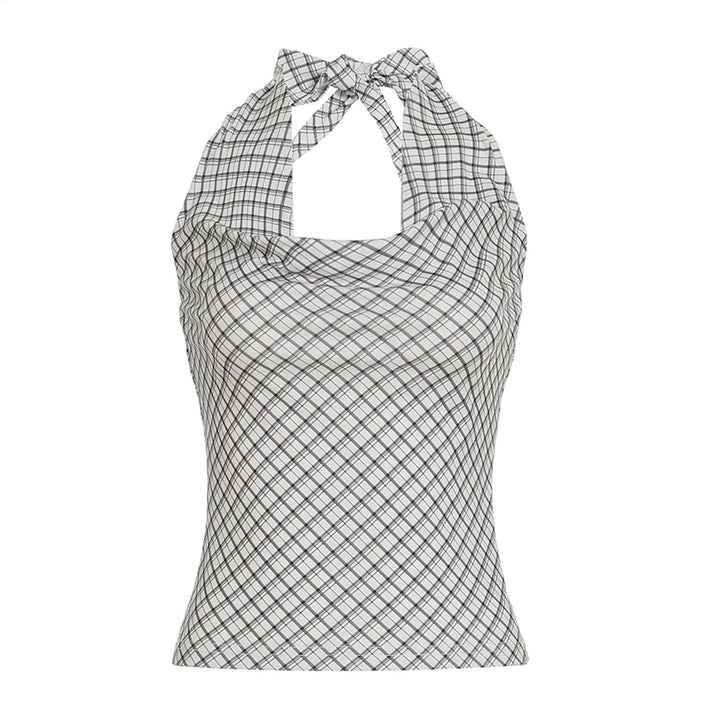 Plaid Halter Neck Drape Crop Top - Y2K Backless Summer Fit - Vedlit