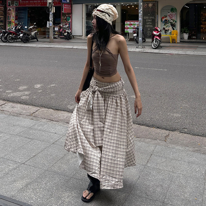 Plaid High Waist Maxi Skirt with Front Tie Detail - Vedlit
