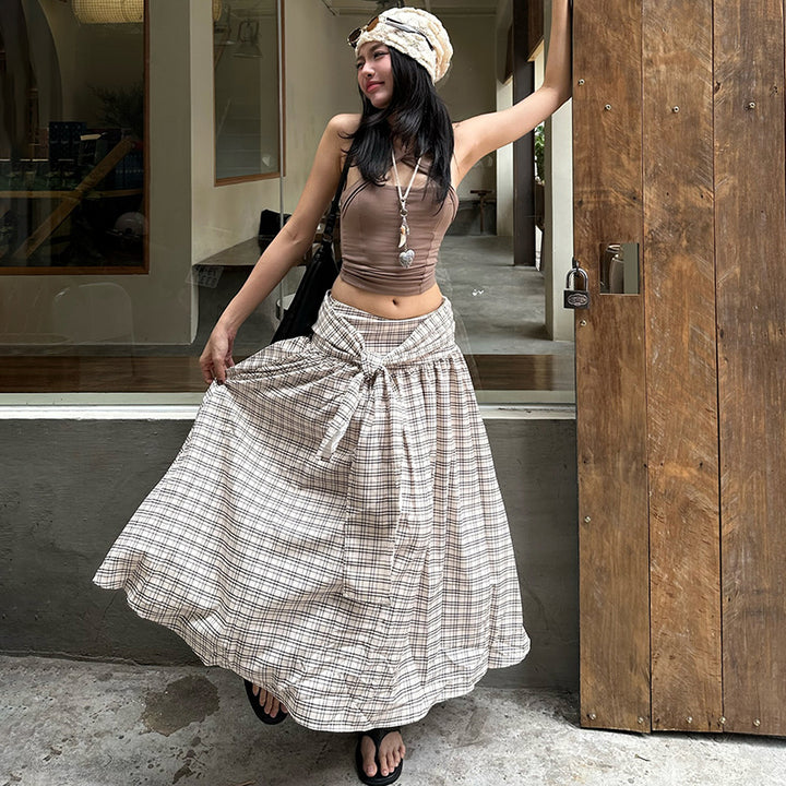 Plaid High Waist Maxi Skirt with Front Tie Detail - Vedlit