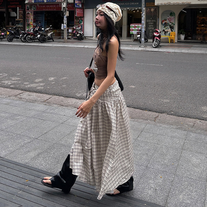 Plaid High Waist Maxi Skirt with Front Tie Detail - Vedlit