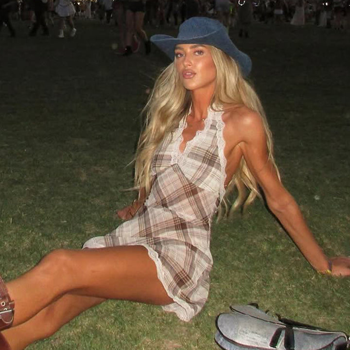 Plaid Lace Trim Halter Mini Dress Festival Outfit - Vedlit