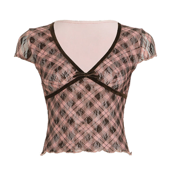 Plaid Mesh Deep V Crop Top with Velvet Bow Detail - Vedlit