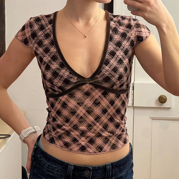 Plaid Mesh Deep V Crop Top with Velvet Bow Detail - Vedlit