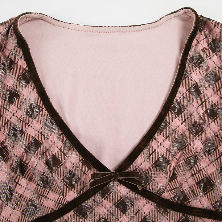 Plaid Mesh Deep V Crop Top with Velvet Bow Detail - Vedlit